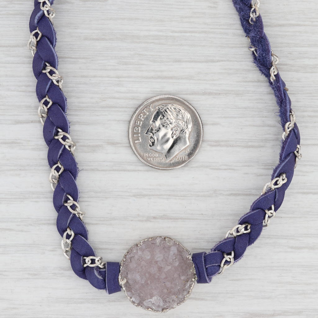 New Nina Wynn Cordelia Necklace White Druzy Pendant Woven Purple Leather