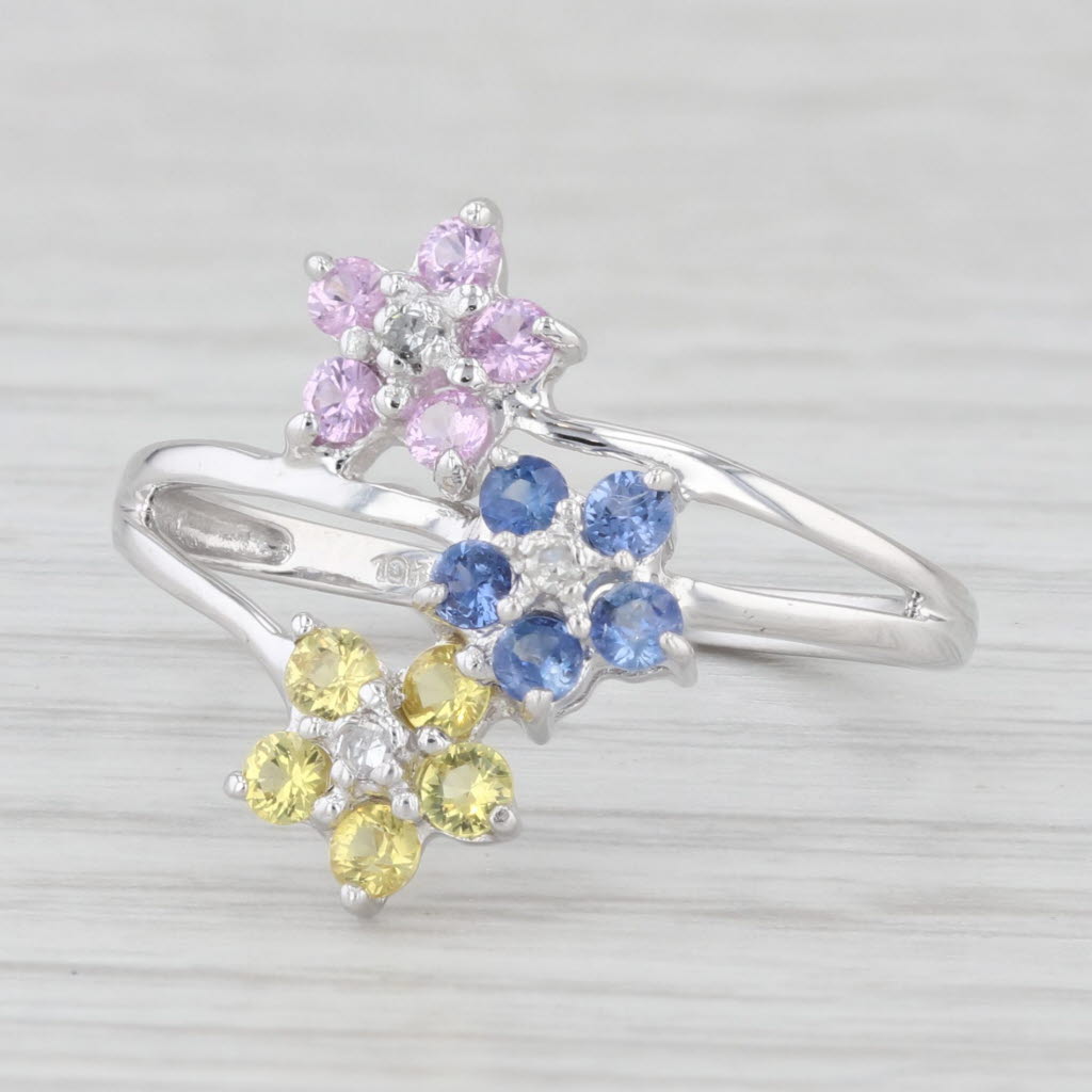 Light Gray 0.63ctw Blue Pink Yellow Sapphire Flowers Bypass Ring 10k White Gold Size 7.25