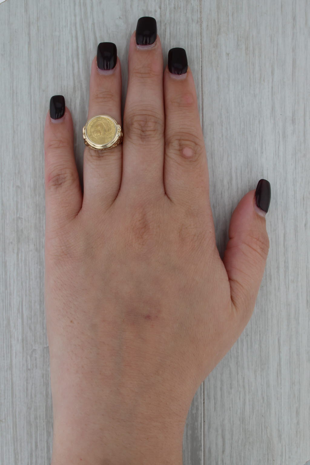1983 5 Yuan Chinese Panda Coin Ring 14k 24k Yellow Gold Size 5.5