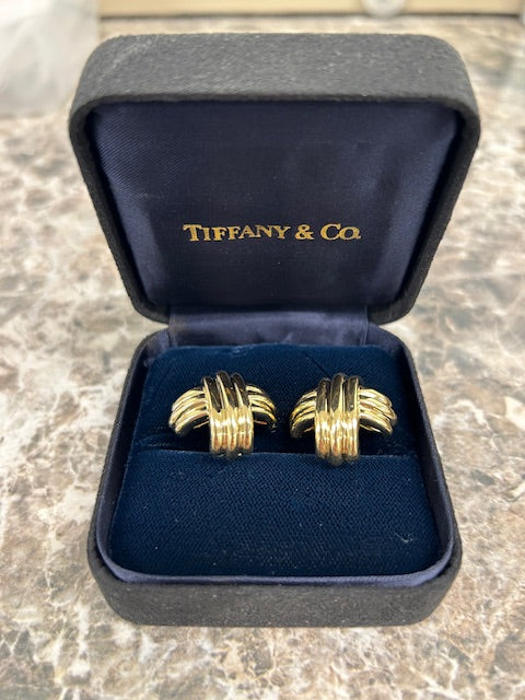 Gray Tiffany & Co Beveled X Stud Earrings w/ Box 18k Yellow Gold Omega Backs