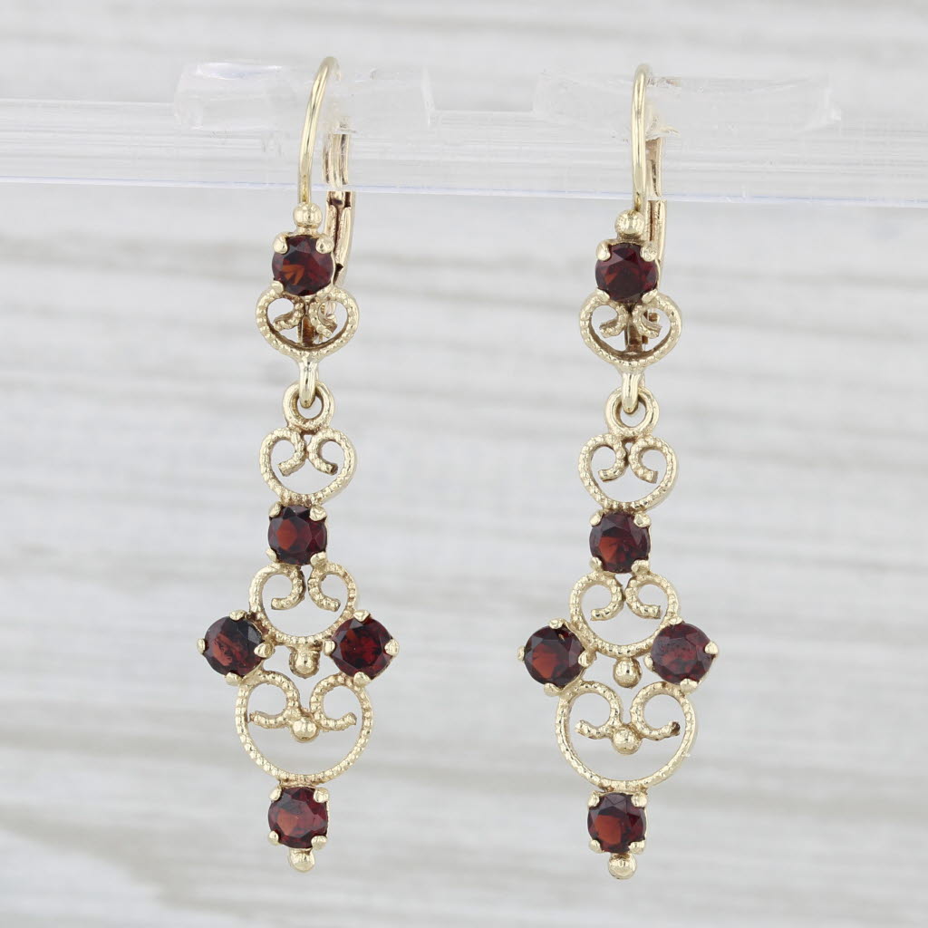 Light Gray Ornate 1.10ctw Garnet Dangle Earrings 14k Yellow Gold Lever Back Drops