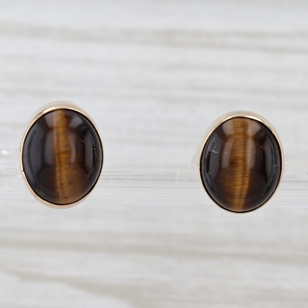 Light Gray Tiger's Eye Oval Cabochon Solitaire Stud Earrings 14k Yellow Gold
