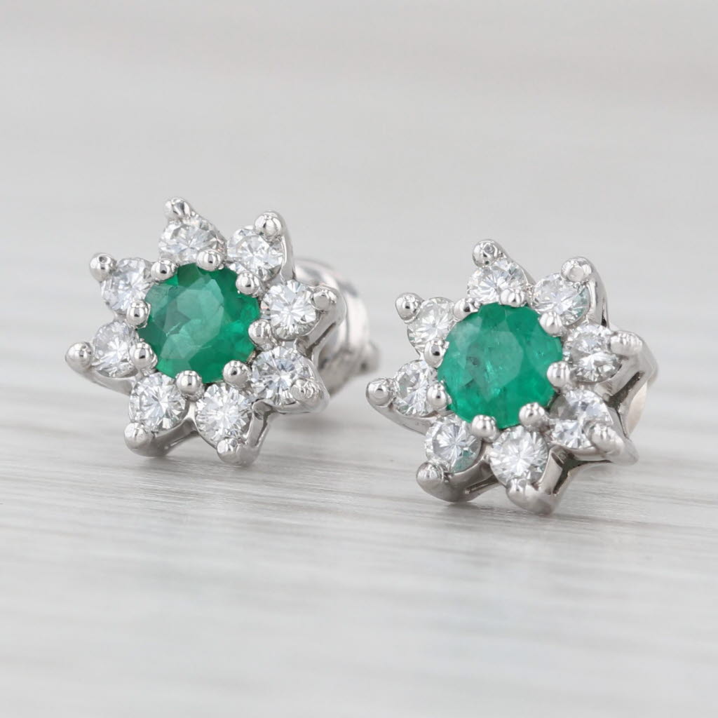 Light Gray 1ctw Emerald Diamond Halo Flower Stud Earrings 14k White Gold