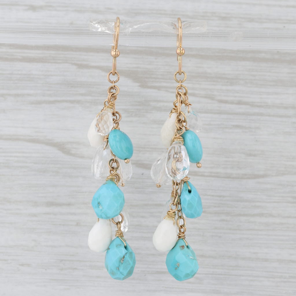 Turquoise Quartz Topaz Briolette Dangle Earrings 14k Yellow Gold Hook Post Drops