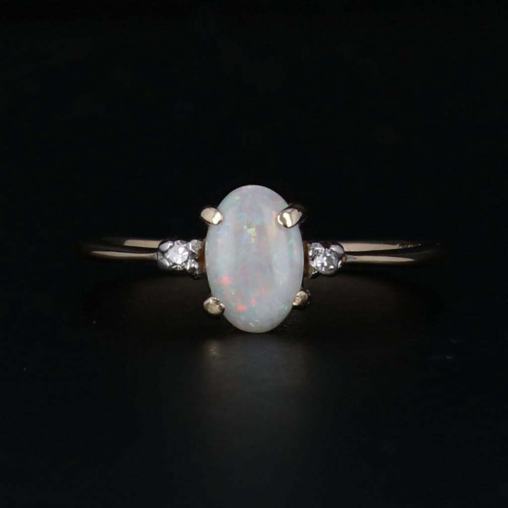 Black Oval Opal Diamond Ring 14k Yellow Gold Size 3 October Birthstone