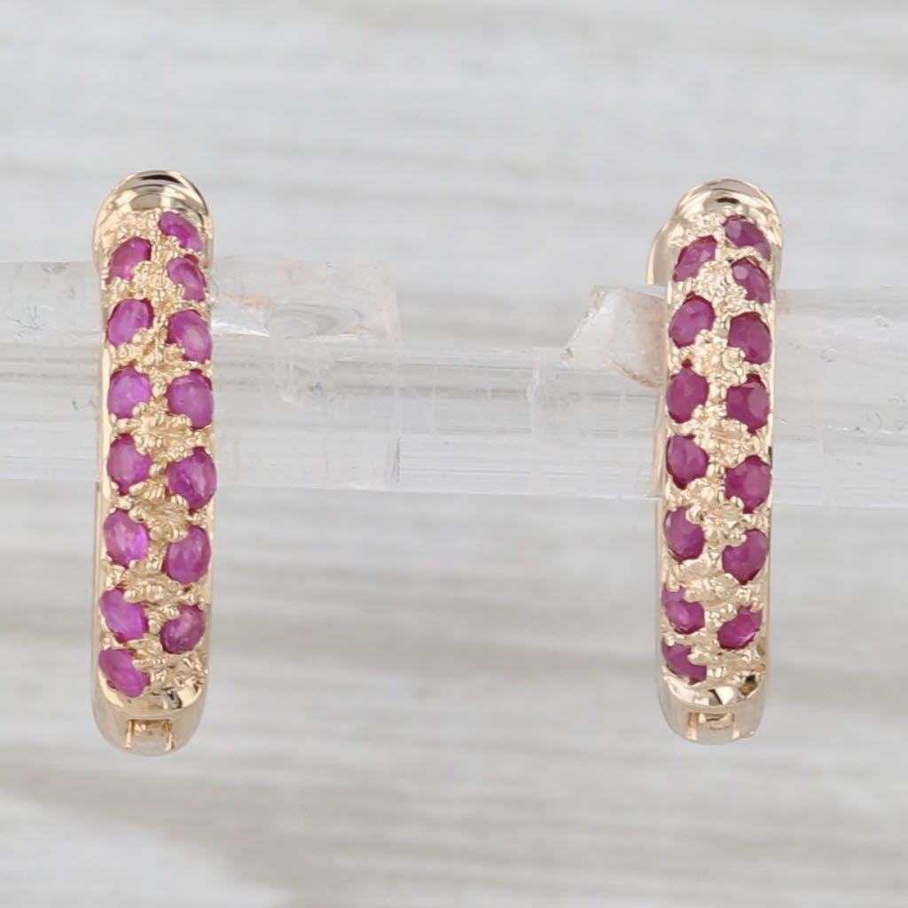 Light Gray 0.54ctw Ruby Hoop Huggie Earrings 14k Yellow Gold Small Round Hoops