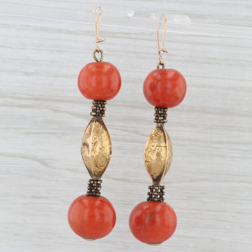 Light Gray Antique Coral Bead Dangle Earrings 18k Gold Ornate Floral Drops Hook Posts