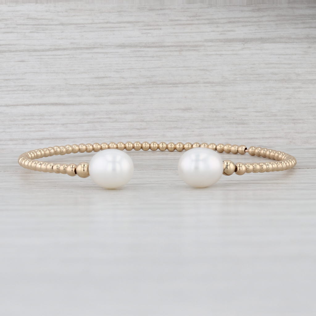 Cultured Pearl Bead Cuff Bracelet 14k Yellow Gold 6.5" 2mm