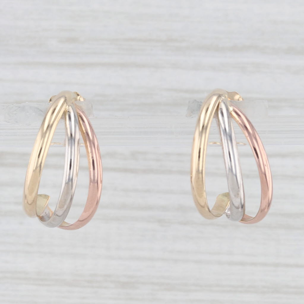 Light Gray Half Hoop Tri Toned Earrings 14k Yellow White Rose Gold Pierced Drops