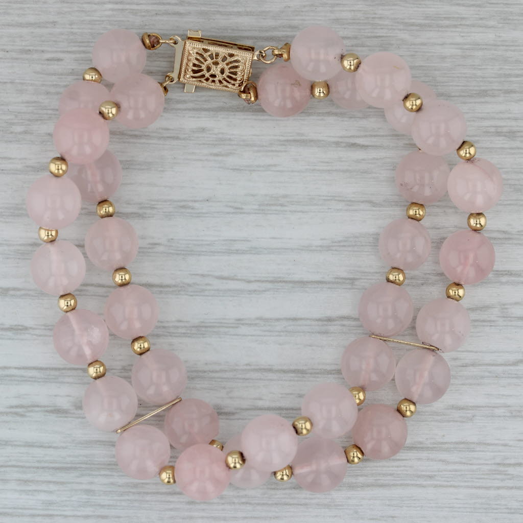 Dark Gray Rose Quartz Double Bead Strand Bracelet 14k Yellow Gold 6.75"