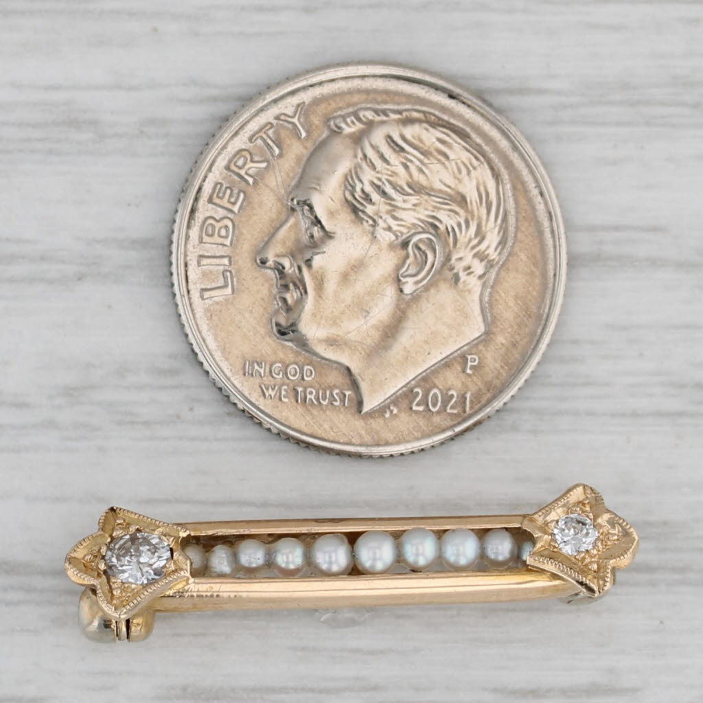 Gray Seed Pearl Diamond Small Bar Pin 10k Yellow Gold