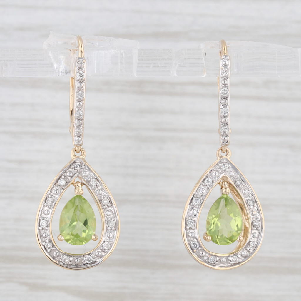 Light Gray 1.63ctw Peridot Diamond Teardrop Dangle Earrings 14k Yellow Gold Lever Backs