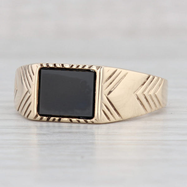 Light Gray Men's Vintage Onyx Ring 10k Yellow Gold Etched Band 10k Yellow Gold Size 14.5
