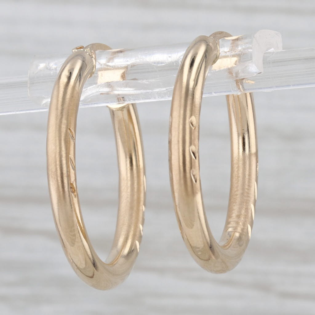 Vine Etched Pattern Hoop Earrings 10k Yellow Gold Snap Top Round Hoops