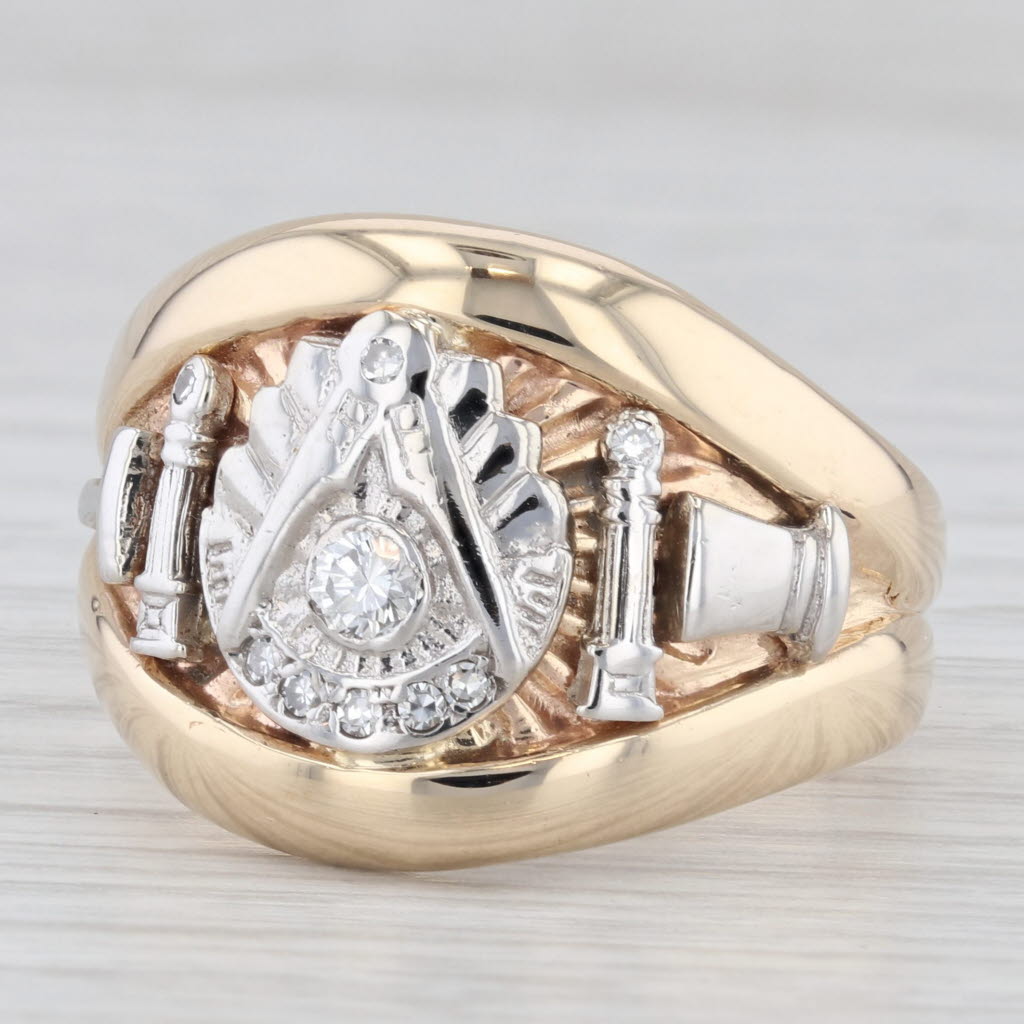 Light Gray Vintage Past Master Ring 14k Gold Diamond Masonic Signet Cigar Band Size 11.5