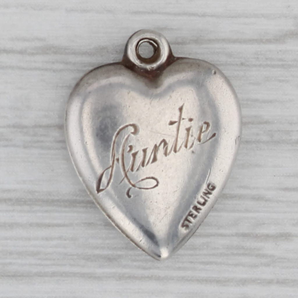 Gray Vintage Ornate Puffy Heart Charm Silver Enamel Engraved Pendant