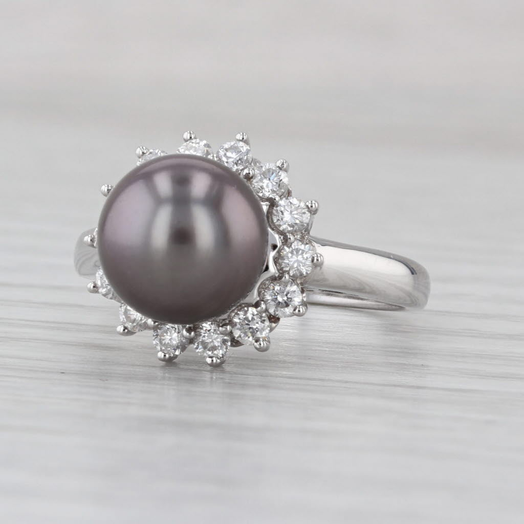 9.4mm Cultured Black Pearl 0.40ctw Diamond Halo Ring 18k White Gold Size 7