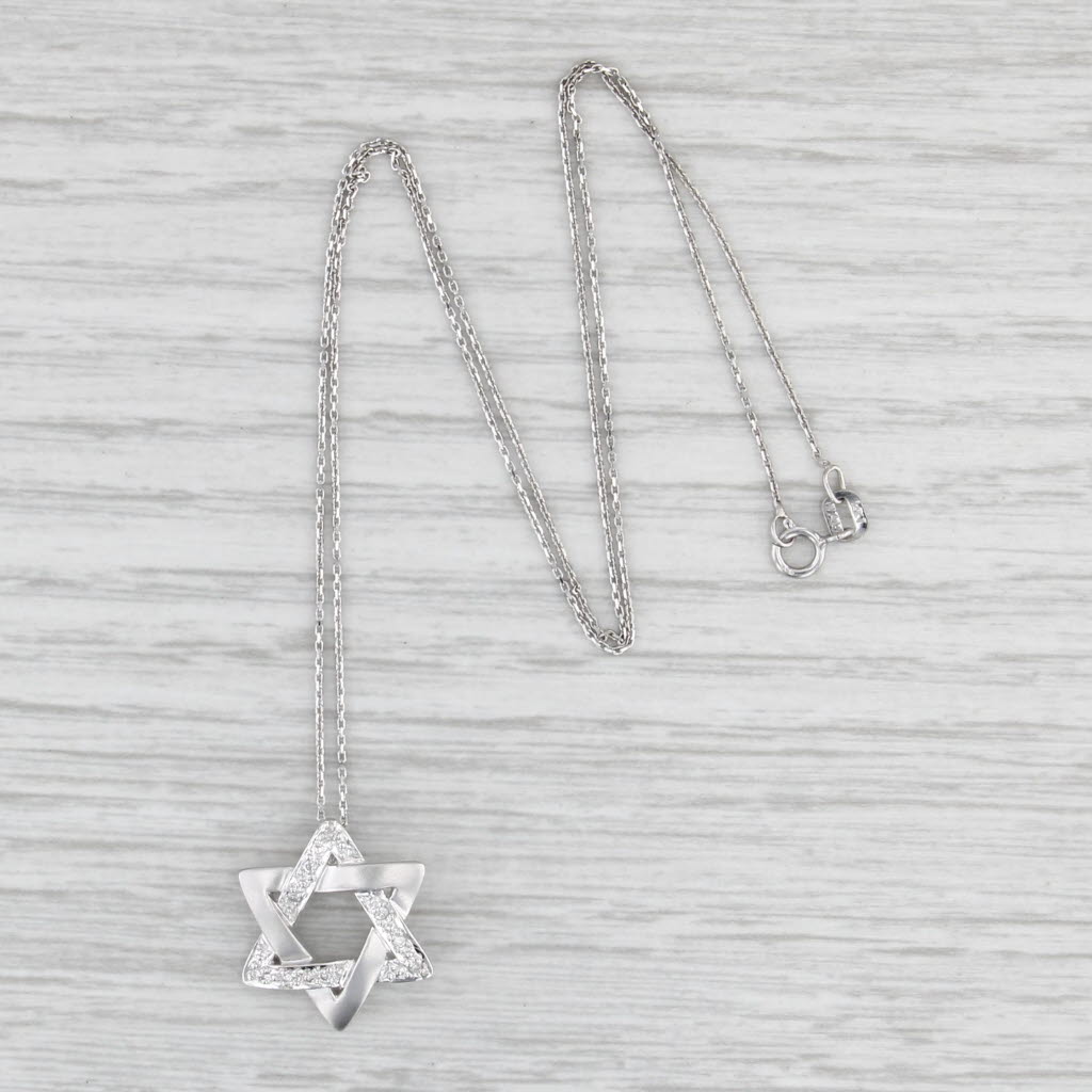 Diamond Hebrew Star Pendant Necklace 14k White Gold 16" Cable Chain