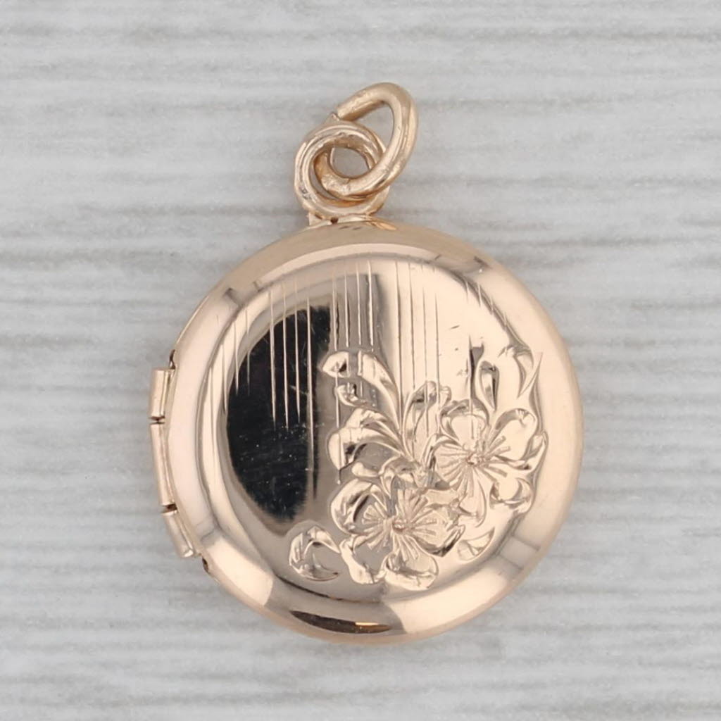 Gray Floral Engraved Small Locket Pendant Charm 10k Yellow Gold Opens