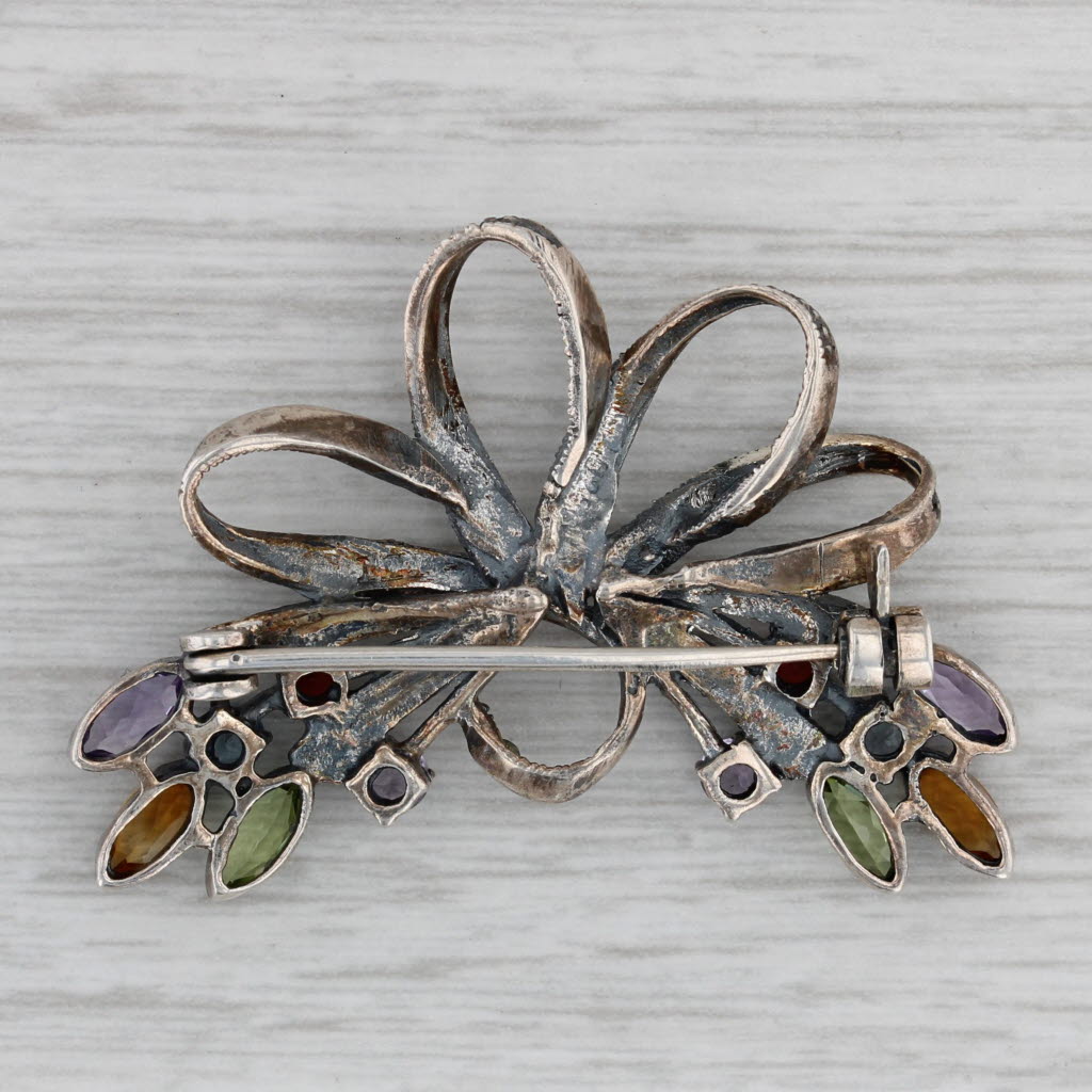 Gray Vintage 1.92ctw Gemstone Bow Brooch Sterling Silver Amethyst Citrine Peridot Pin