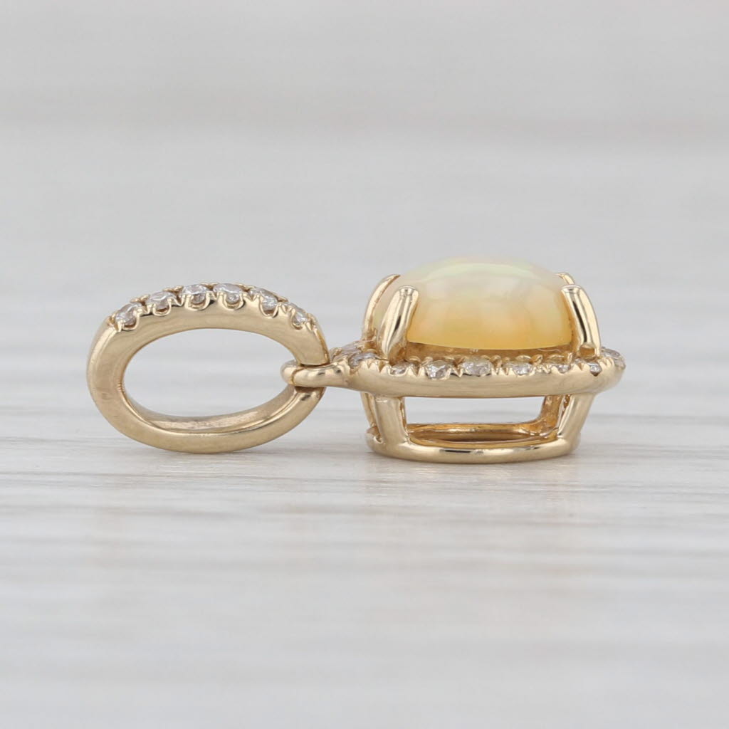 Oval Cabochon Opal Diamond Halo Pendant 14k Yellow Gold Small Drop