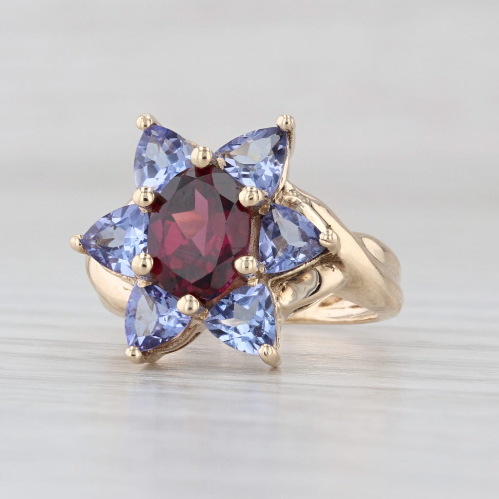 2.90ctw Garnet Tanzanite Flower Ring 10k Yellow Gold Size 4.5 Cocktail