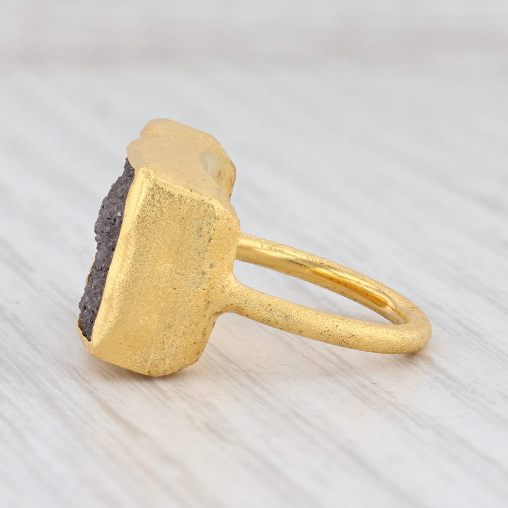 New Nina Nguyen Gray Druzy Quartz Ring Sterling Silver 22k Gold Vermeil Size 6