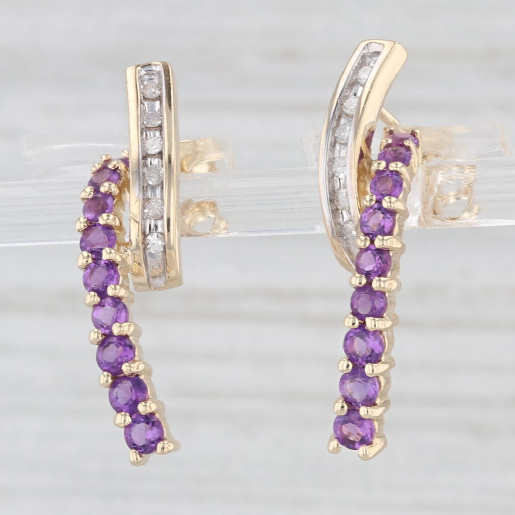 Light Gray 0.83ctw Amethyst Diamond Journey Drop Earrings 10k Yellow Gold