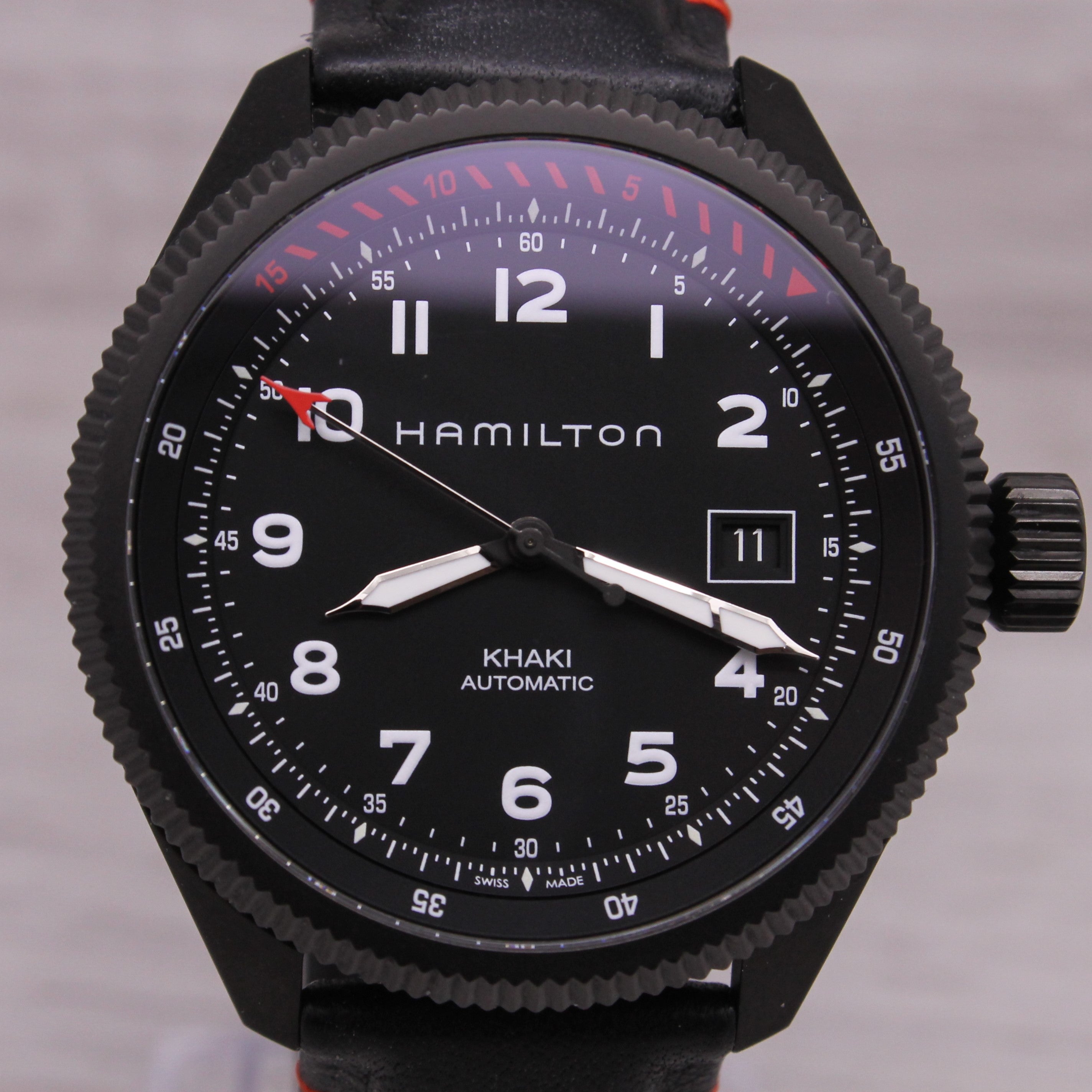 Dark Slate Gray Hamilton Khaki Air Zermatt Mens 42mm Black PVD Automatic Watch w Strap H766950