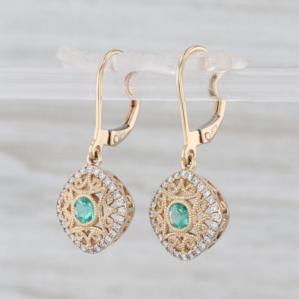 0.37ctw Emerald Diamond Halo Dangle Earrings 14k Yellow Gold Lever Backs