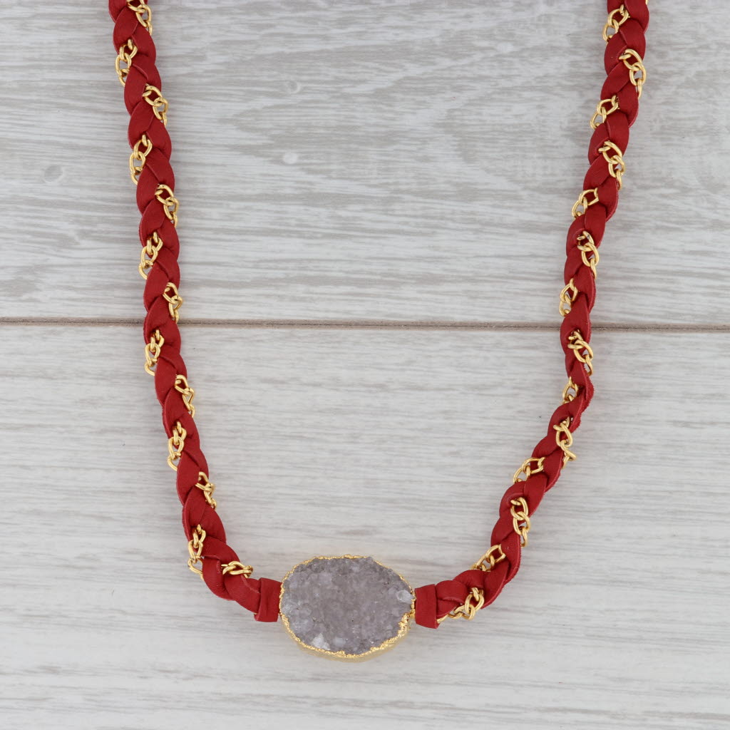 New Cordelia Nina Wynn Necklace White Druzy Red Woven Leather Gold Vermeil