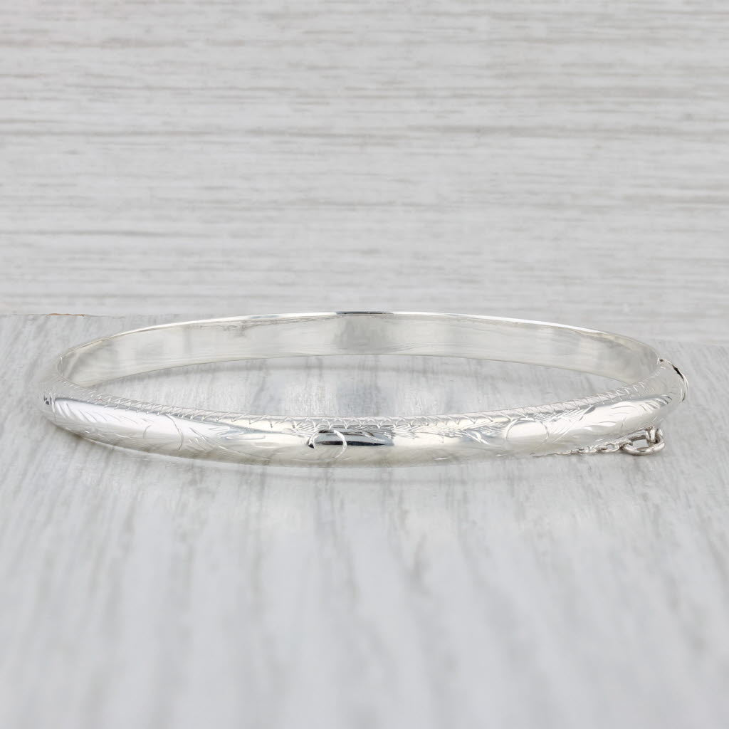 Light Gray Floral Etched Bangle Bracelet Sterling Silver 7.25" 4.6mm