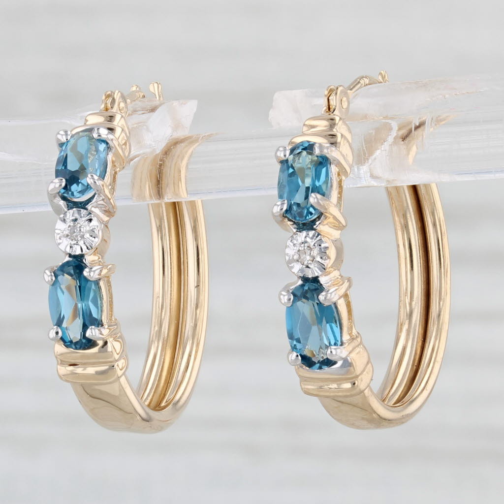 Light Gray 1ctw London Blue Topaz Hoop Earrings 10k Yellow Gold Round Hoops Diamond Accents