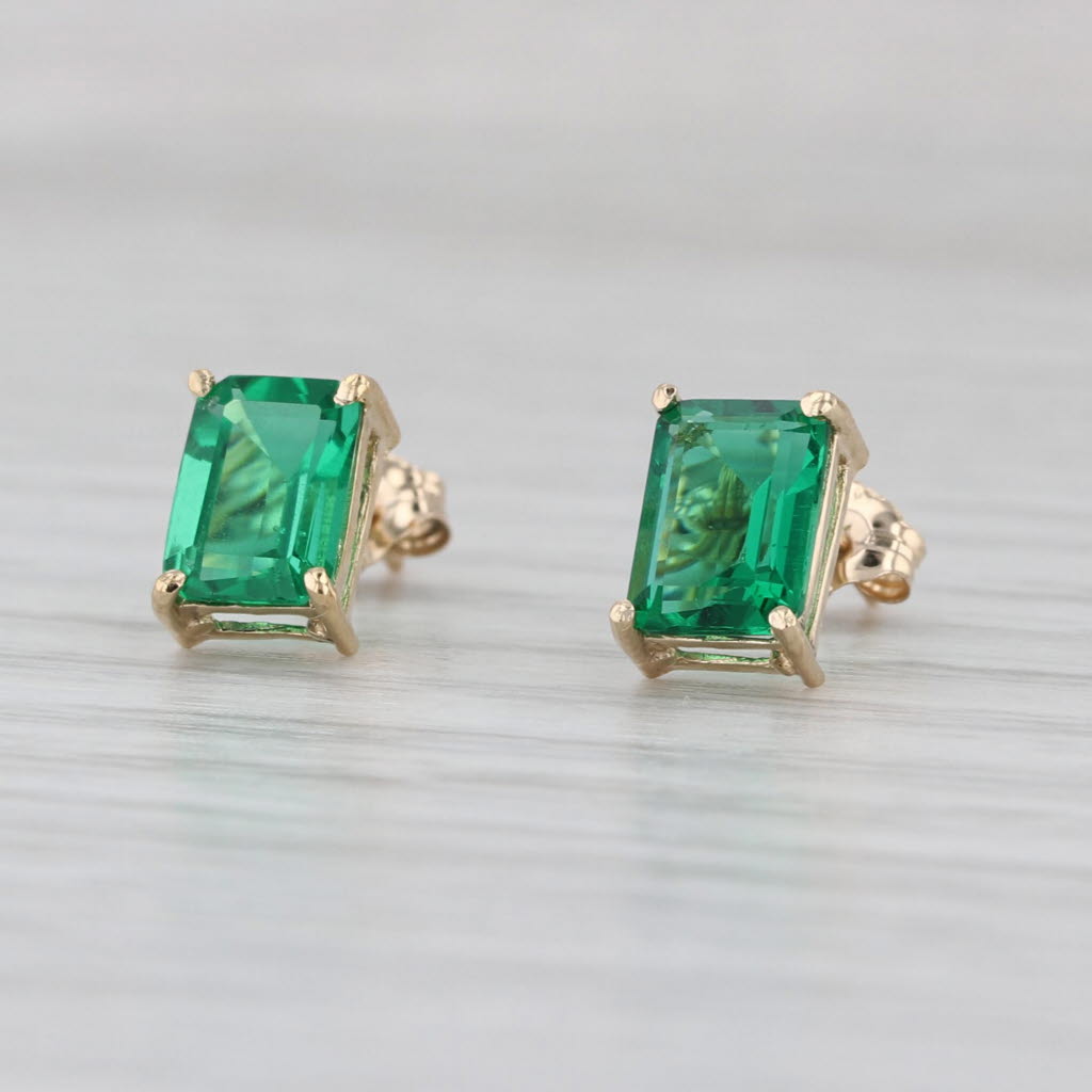 Green Glass Stud Earrings 14k Yellow Gold Emerald Cut Solitaire Studs