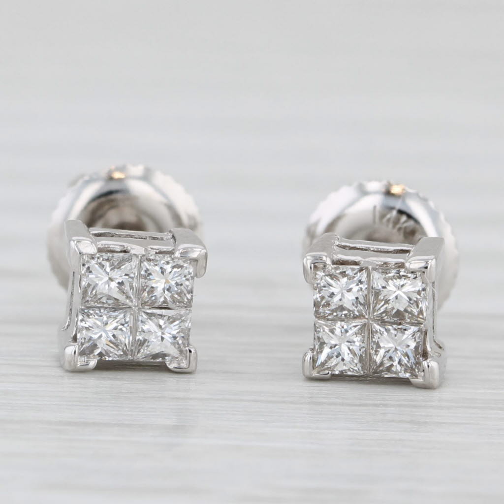 Light Gray 0.50ctw Princess Diamond Stud Earrings 14k White Gold Pierced Screw Backs