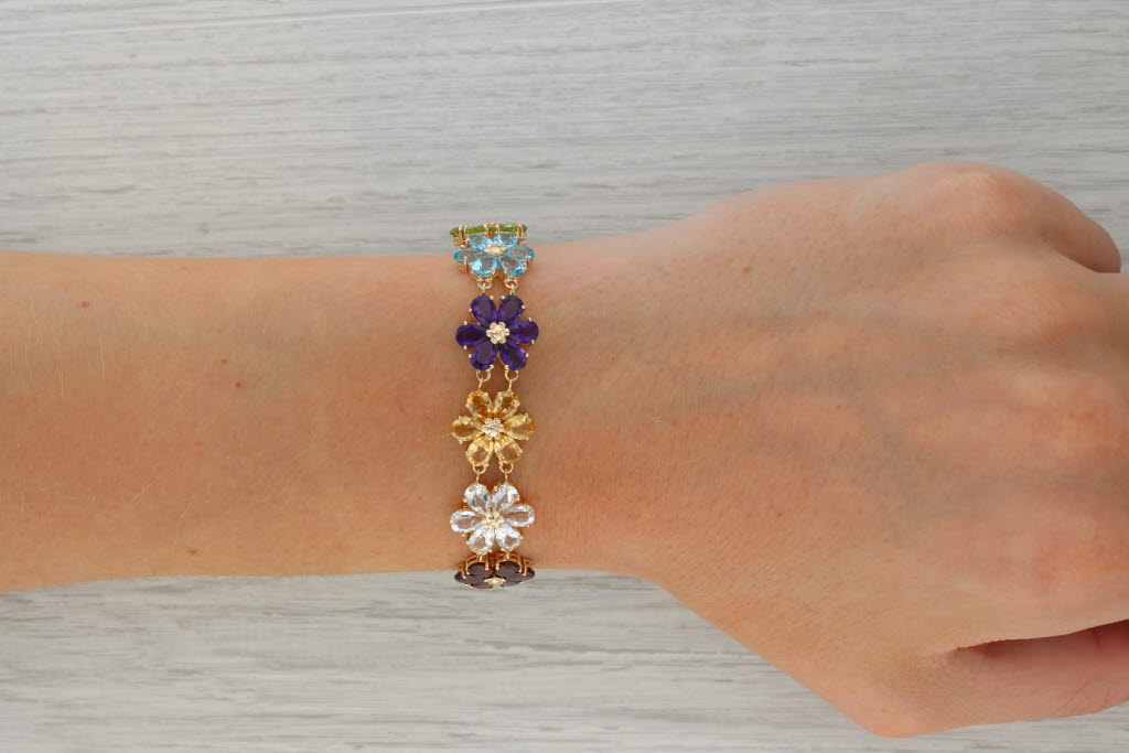 Rosy Brown 24.50ctw Gemstone Flower Bracelet 14k Gold Topaz Amethyst Peridot Garnet Citrine