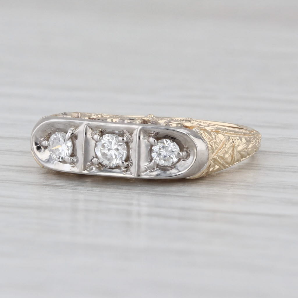 Vintage Ornate 0.18ctw VS2 Diamond 3-Stone Ring 14k White Yellow Gold Size 6.25