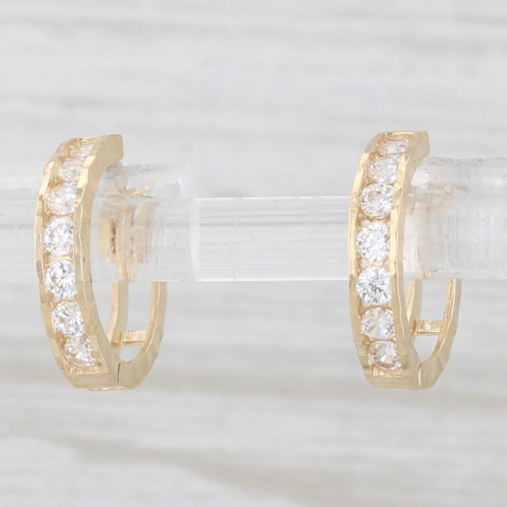 Light Gray New Cubic Zirconia Hoop Huggie Earrings 14k Yellow Gold Snap Top Round Hoops