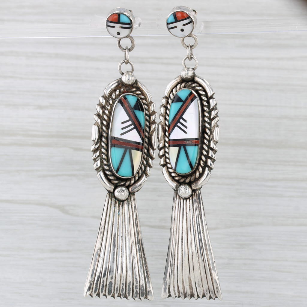 Light Gray Vintage Southwestern Stone Mosaic Statement Earrings Sterling Silver