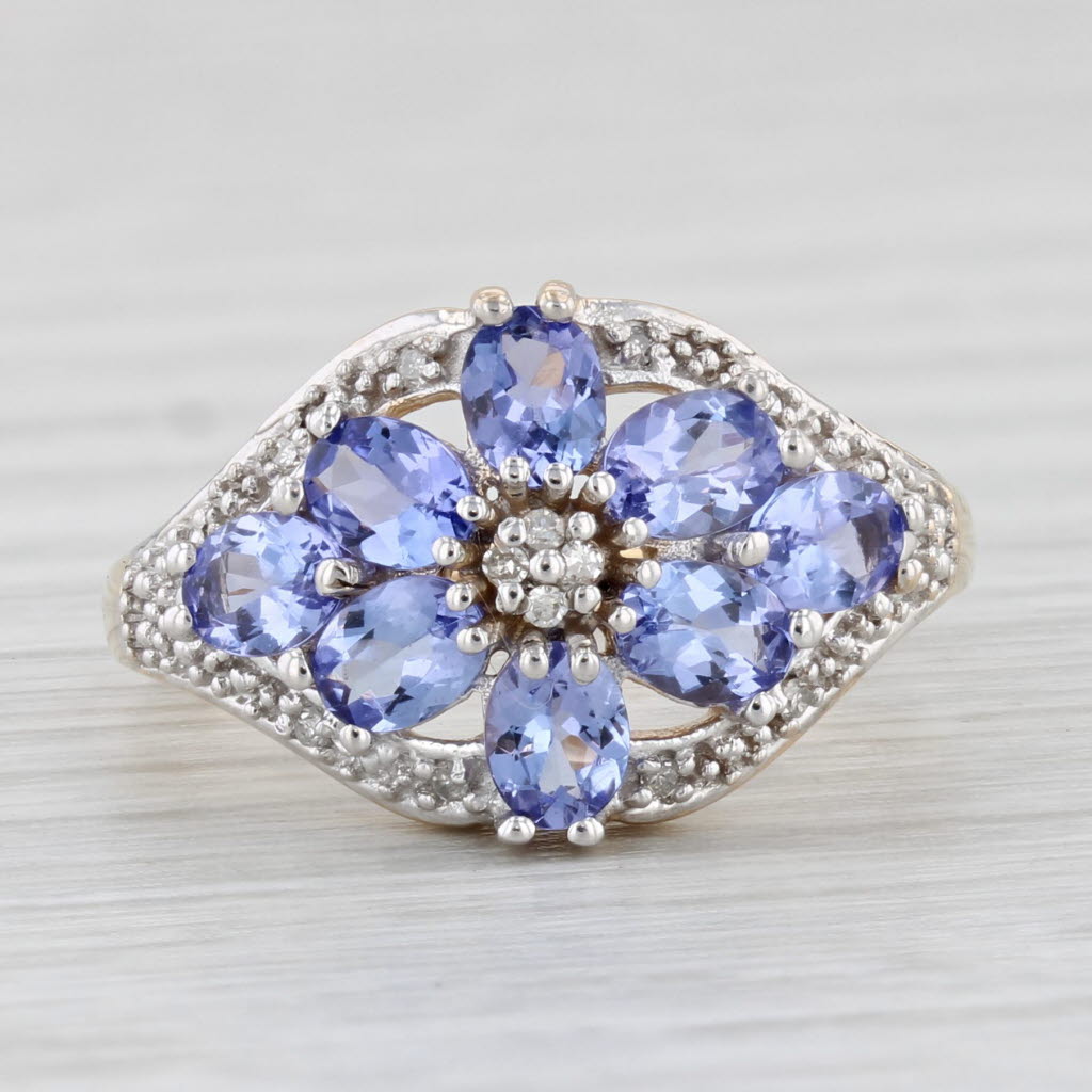 Light Gray 1.64ctw Tanzanite Diamond Flower Cluster Ring 14k White Gold Size 6