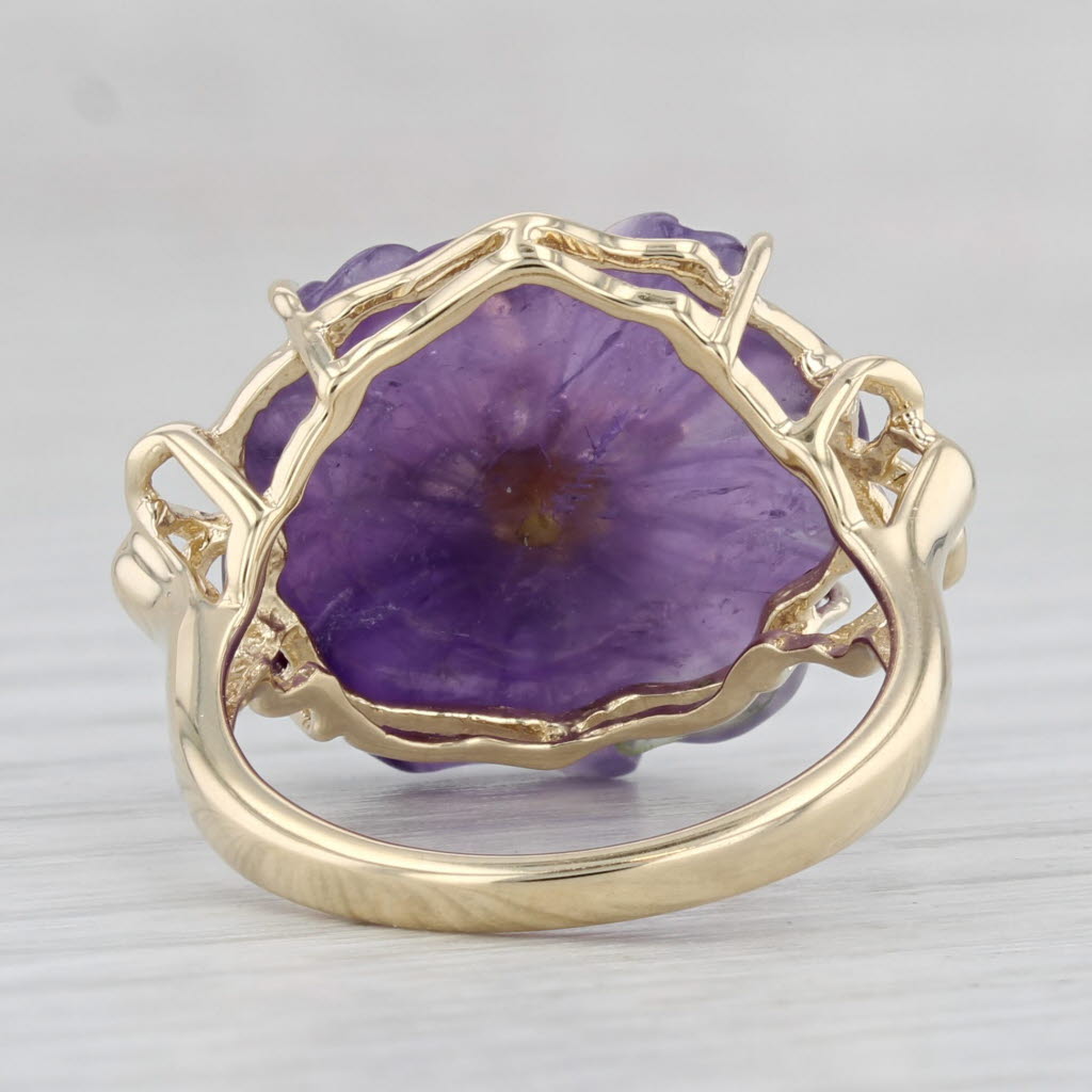 Light Gray Carved Amethyst Peridot Flower Ring 14k Yellow Gold Size 6.25