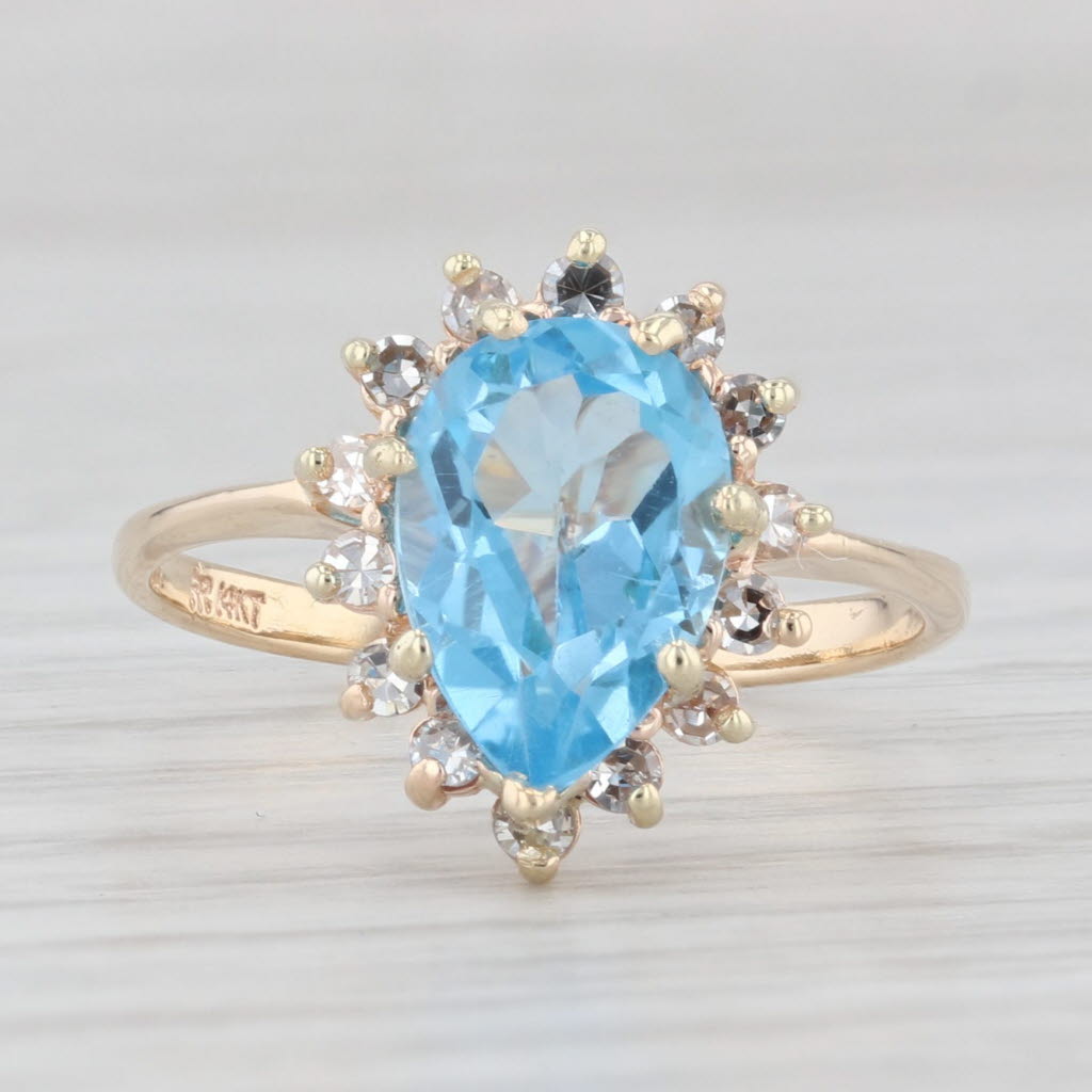 Light Gray 2.60ctw Pear Blue Topaz Diamond Halo Ring 14k Yellow Gold Size 6.75 Engagement