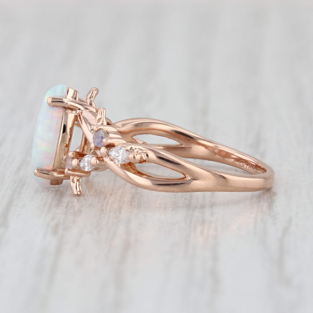 Navette Lab Created Opal Moonstone Diamond Ring 18k Rose Gold Size 6.5