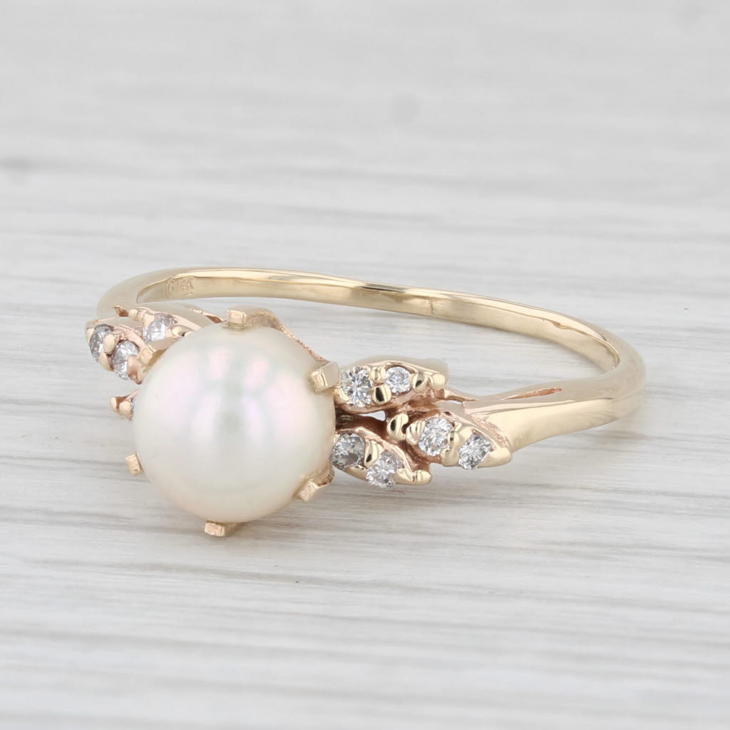 Light Gray Vintage Cultured Pearl Diamond Ring 14k Yellow Gold Size 8