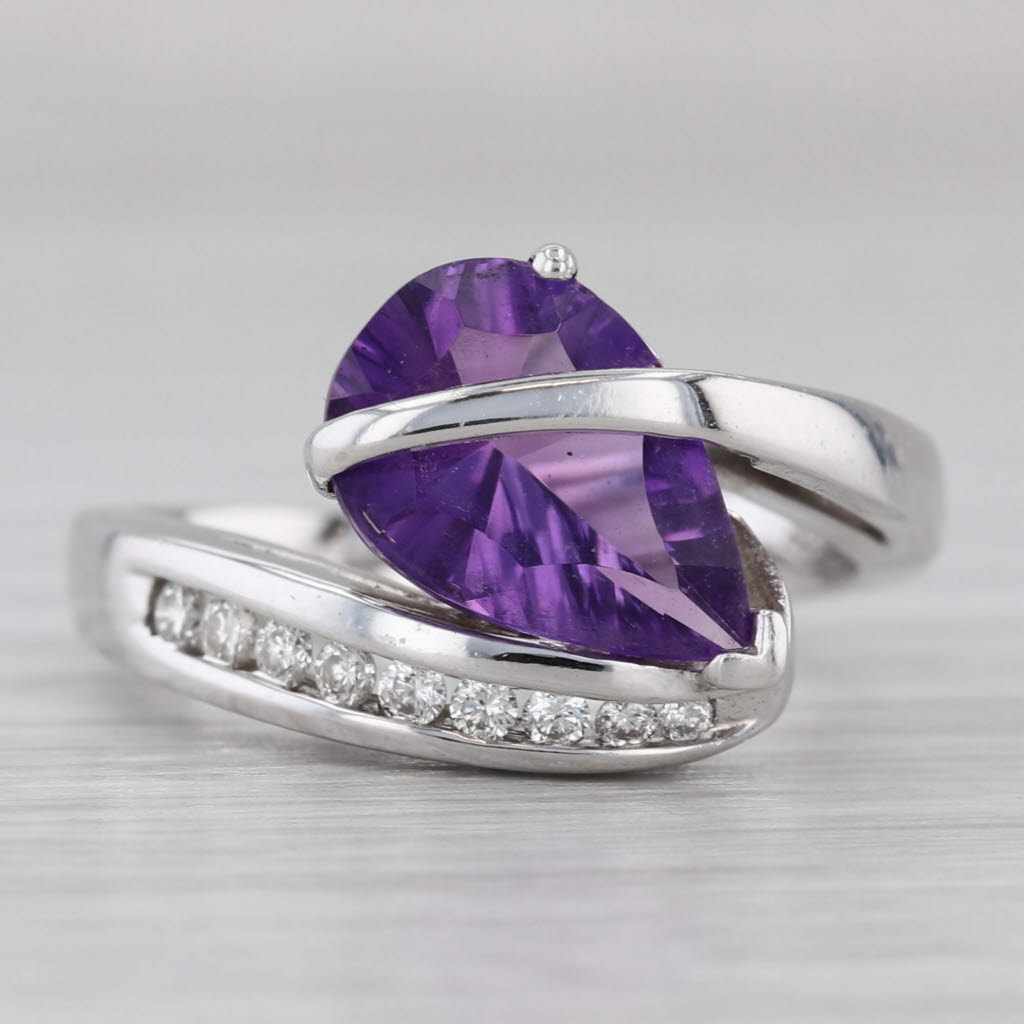 Gray 2.61ctw Pear Amethyst Diamond Overlay Ring 14k White Gold Size 7 Bypass