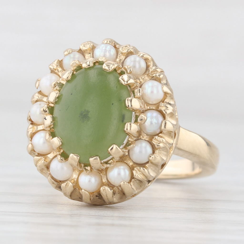 Light Gray Green Nephrite Jade Cultured Pearl Halo Ring 14k Yellow Gold Size 4.75