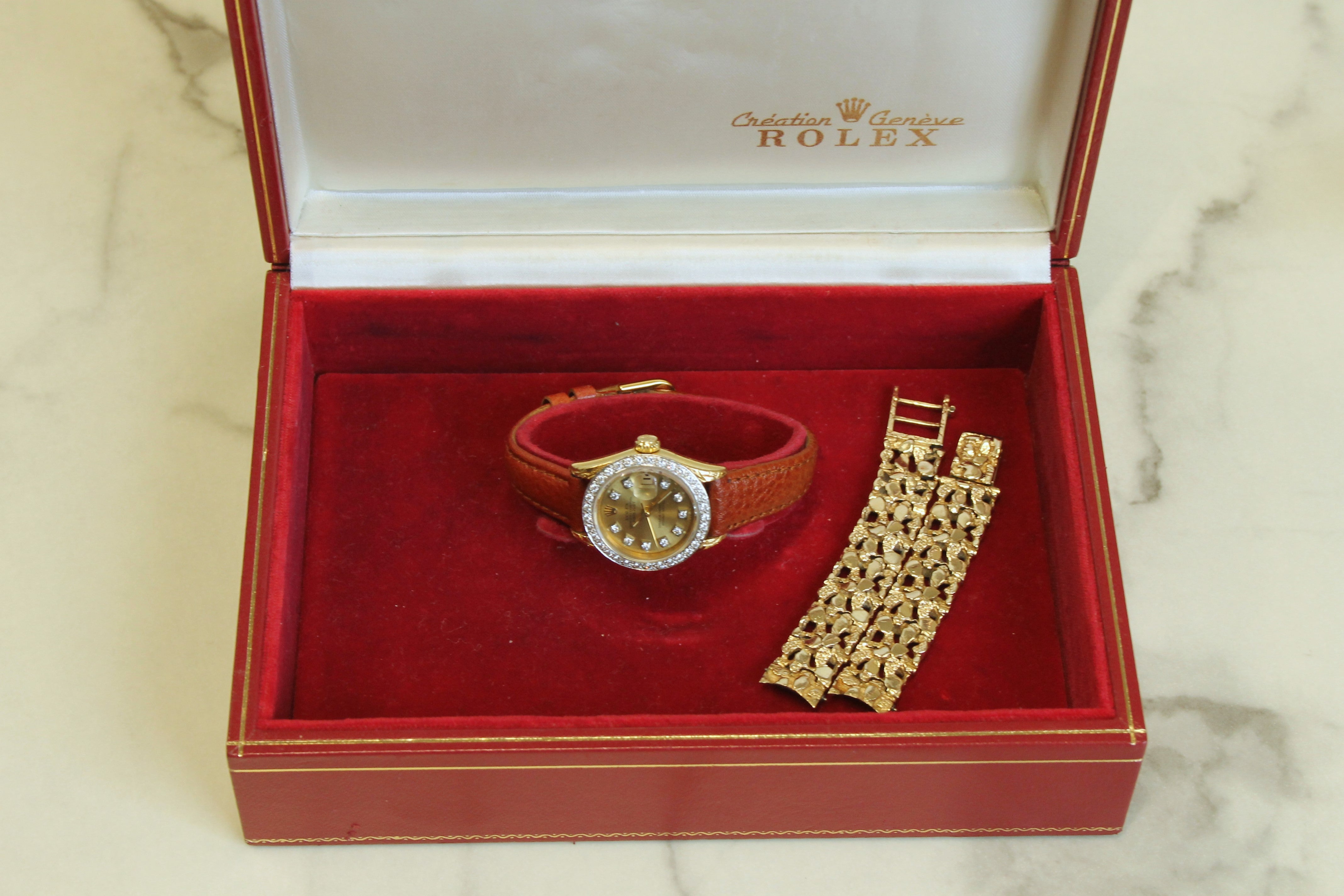 Saddle Brown Vintage 1985 Rolex Datejust 69178 Ladies President 18k Gold & Diamond Bezel Box