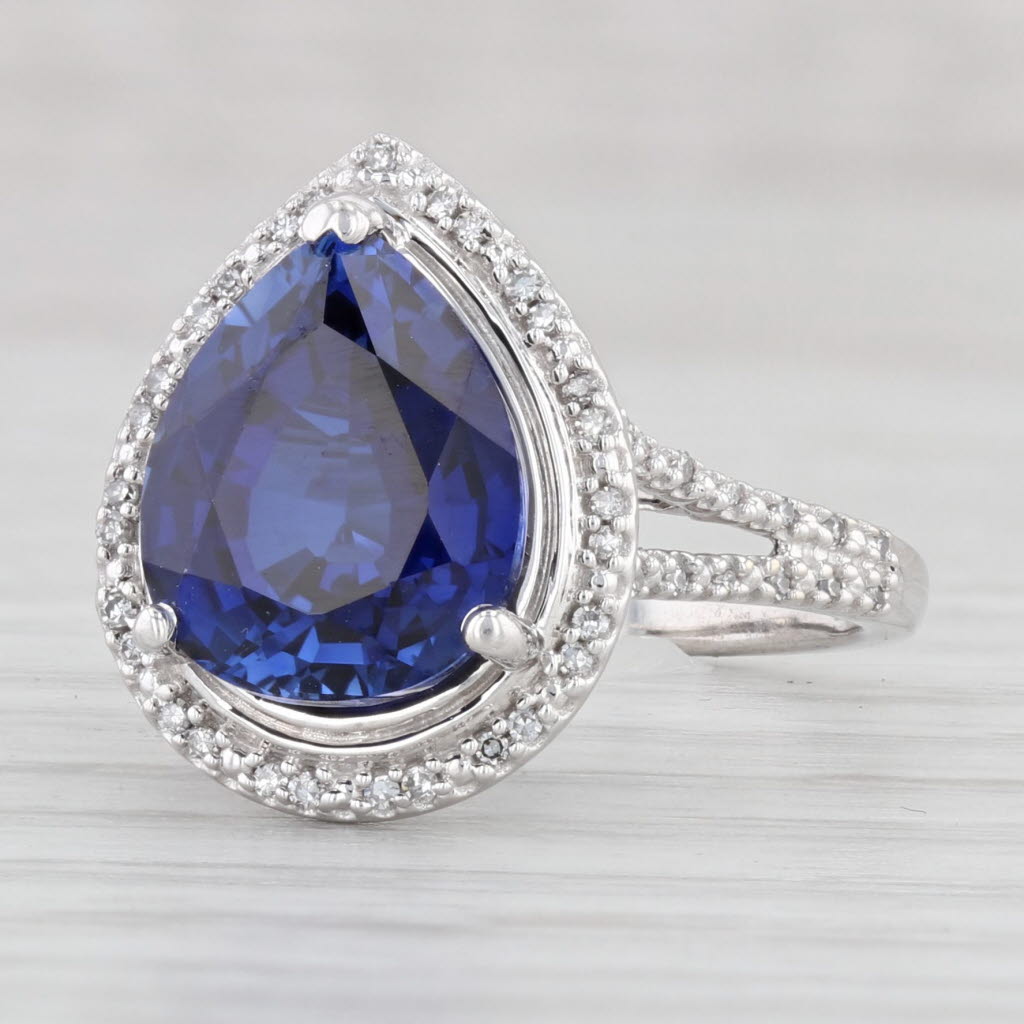 Light Gray Lab Created Blue Sapphire Diamond Halo Ring 14k White Gold Size 6 Engagement