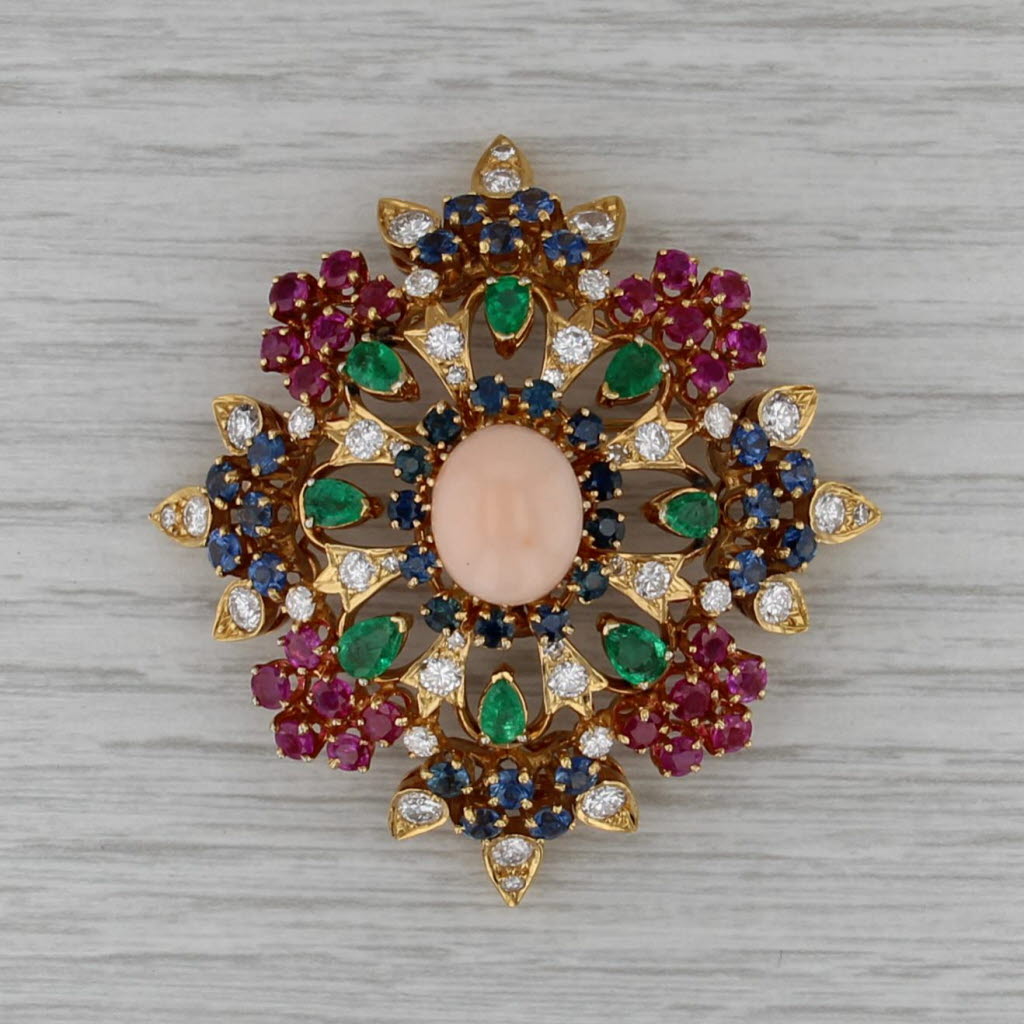 Large Gemstone Brooch Pendant 14k Gold Coral Emerald Sapphire Ruby Diamond
