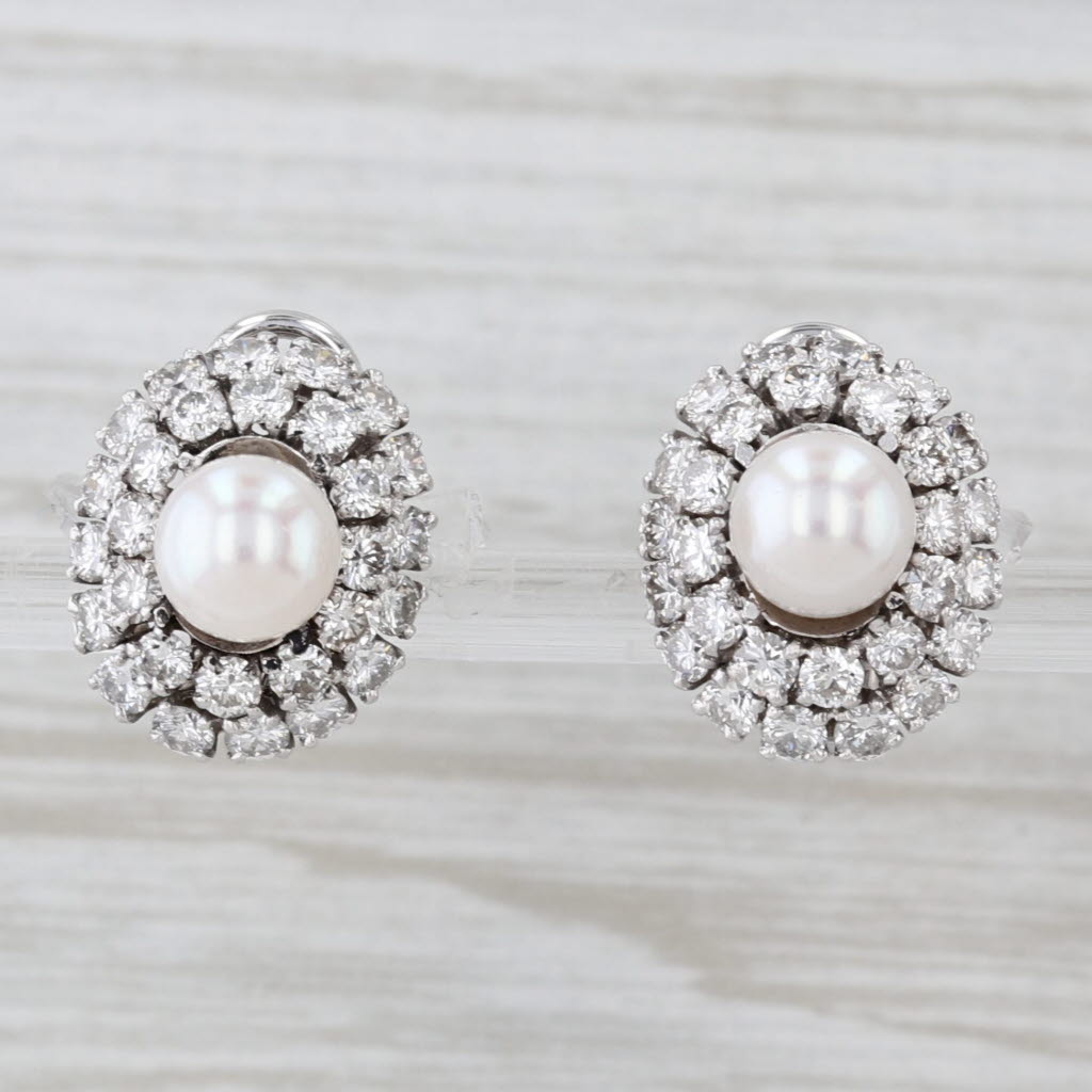 Light Gray Cultured Pearl 1.44ctw Diamond Halo Earrings 14k White Gold Clip On Non Pierced